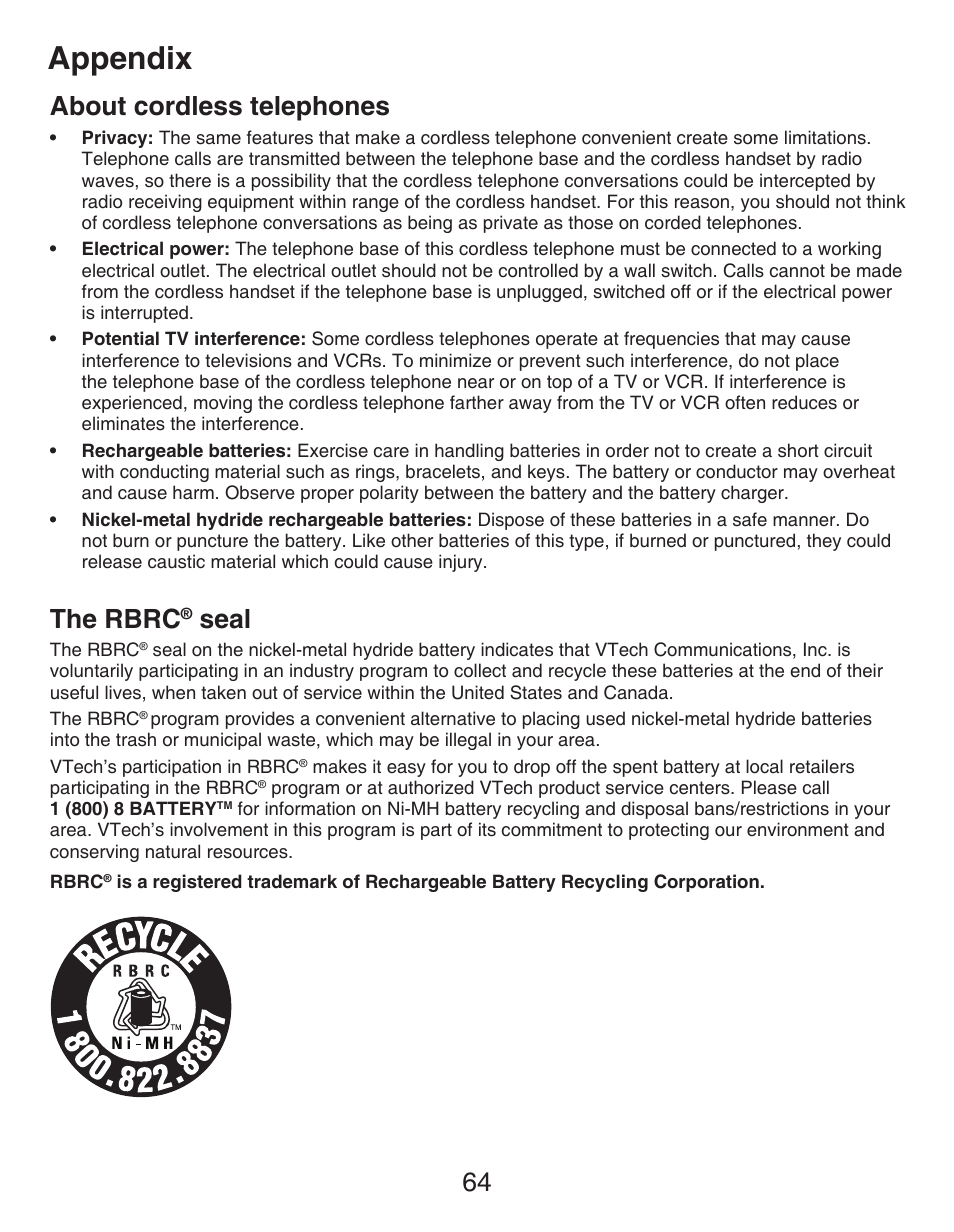 About cordless telephones, The rbrc® seal, The rbrc | Seal, Appendix, 64 about cordless telephones | VTech CS6429-4  EN User Manual | Page 68 / 76