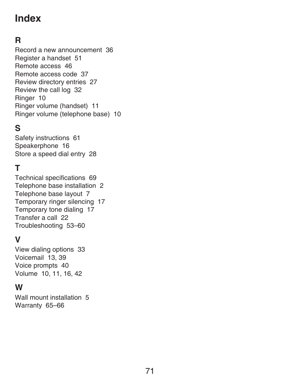 Index, 71 r | VTech CS6429-4  EN User Manual | Page 75 / 76