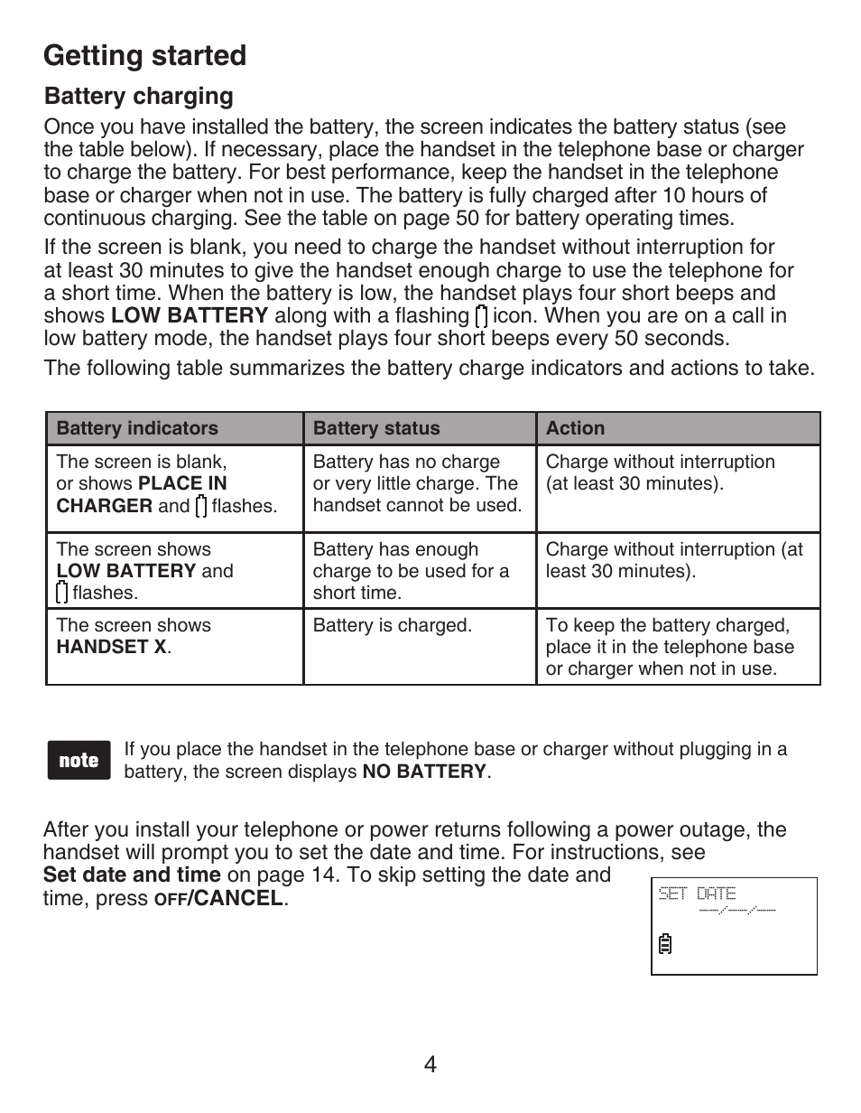 Battery charging, Getting started, 4battery charging | VTech CS6429-4  EN User Manual | Page 8 / 76