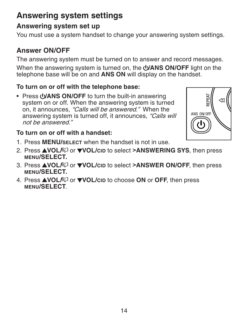 Answering system settings | VTech CS6329-5 User Manual | Page 18 / 71