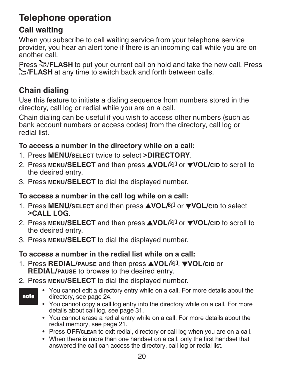 Telephone operation, Call waiting, Chain dialing | VTech CS6329-5 User Manual | Page 24 / 71