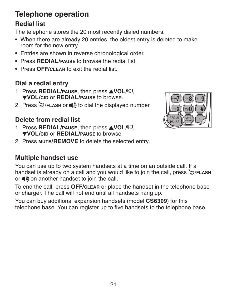 Telephone operation, Redial list, Dial a redial entry | Delete from redial list, Multiple handset use | VTech CS6329-5 User Manual | Page 25 / 71