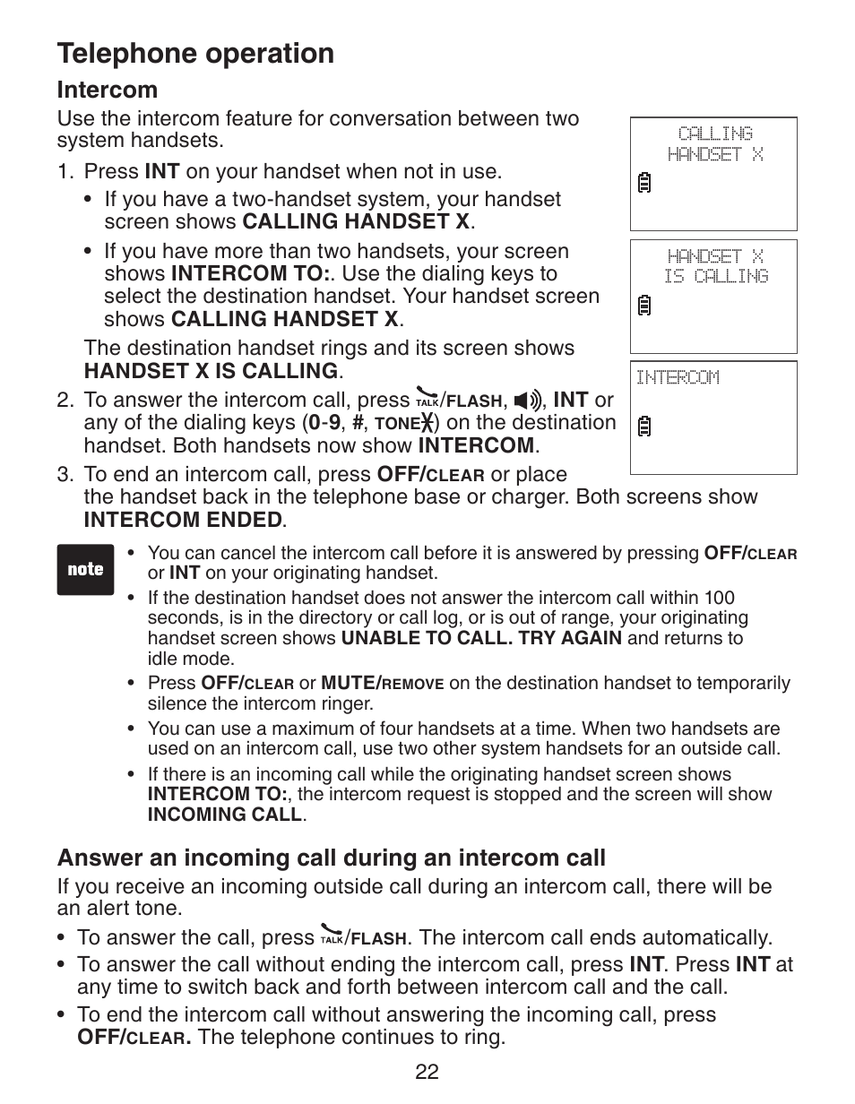 Telephone operation, Intercom, Answer an incoming call during an intercom call | VTech CS6329-5 User Manual | Page 26 / 71