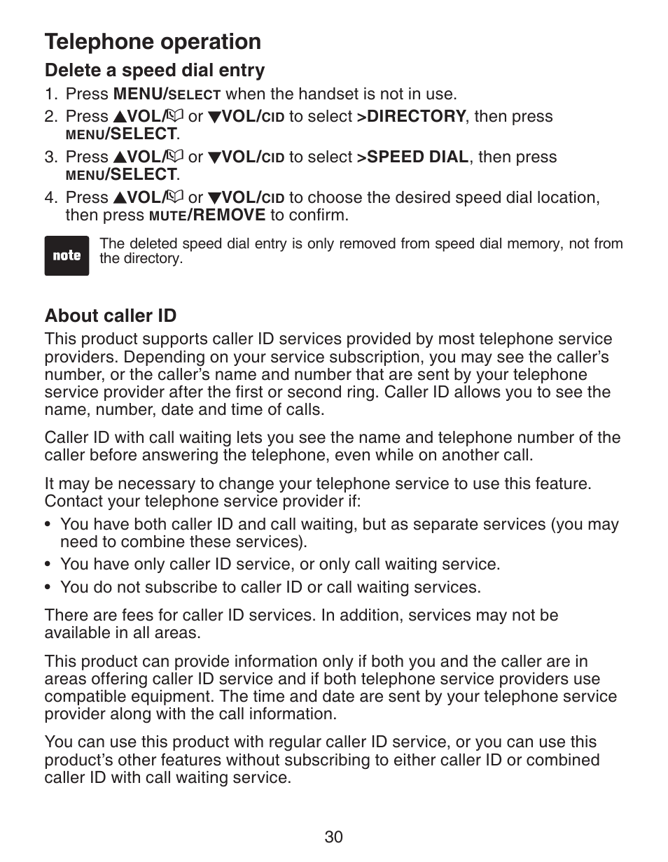 Telephone operation, Delete a speed dial entry, About caller id | VTech CS6329-5 User Manual | Page 34 / 71