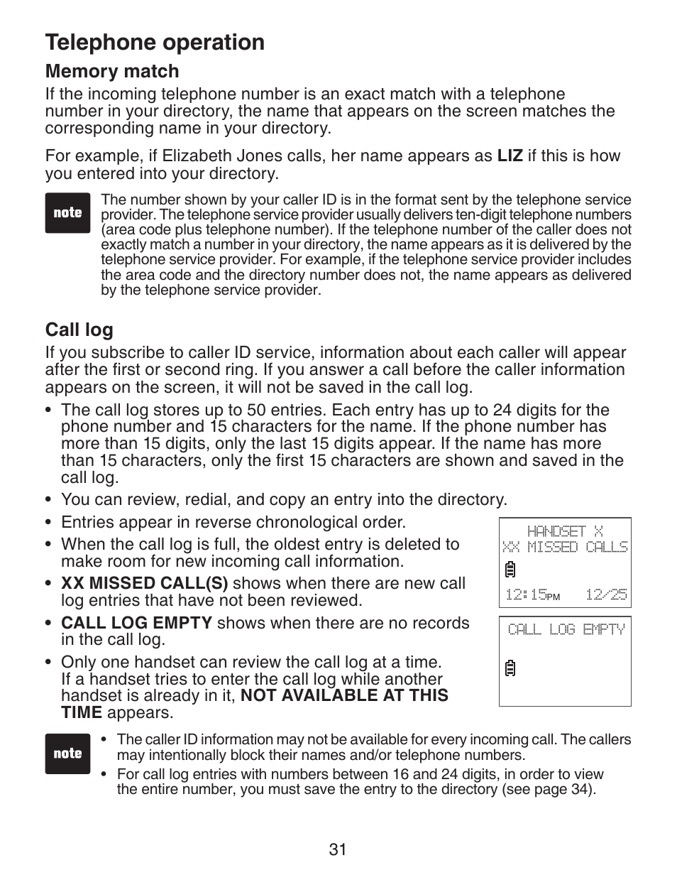 Telephone operation, Call log | VTech CS6329-5 User Manual | Page 35 / 71