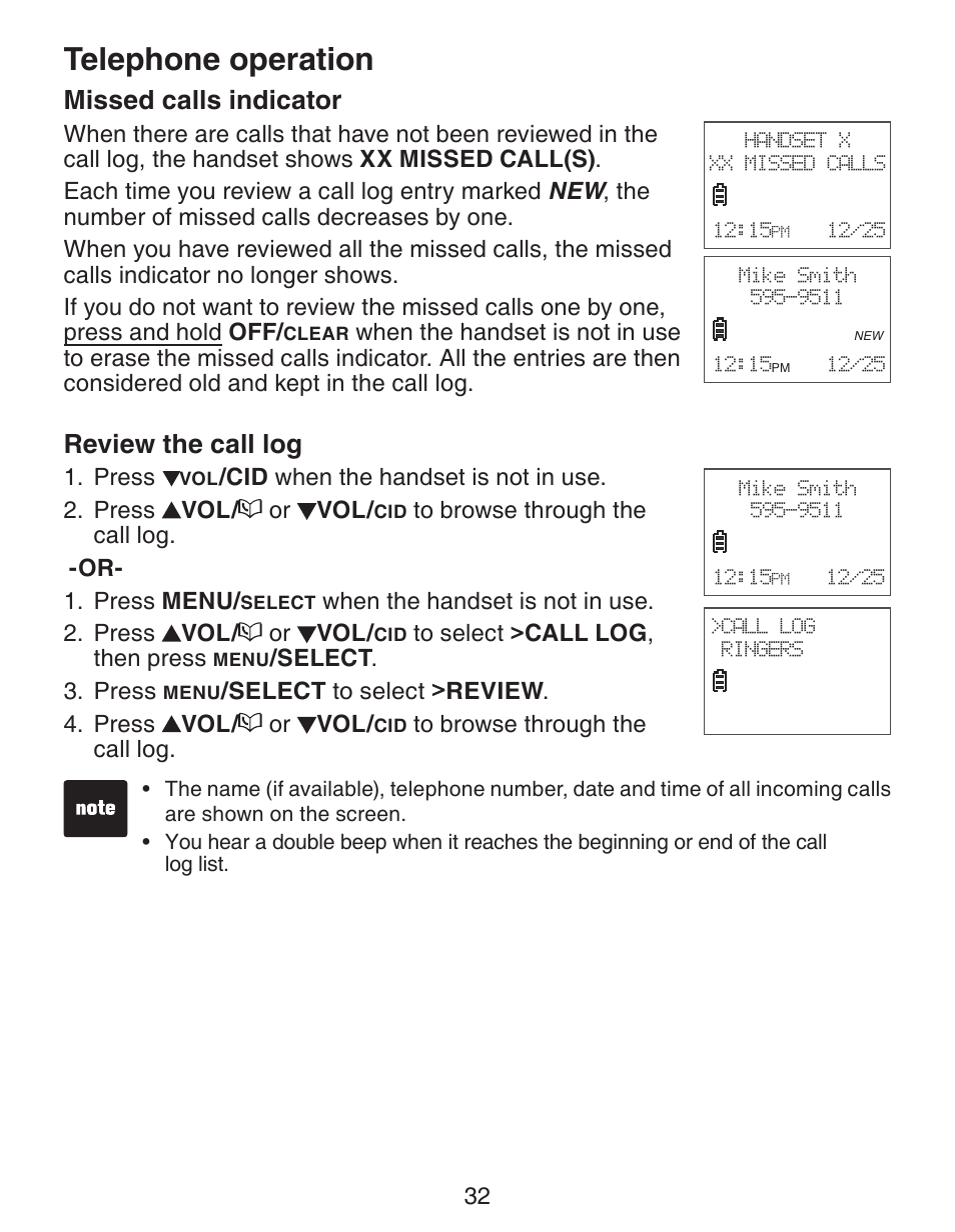 Telephone operation, Missed calls indicator, Review the call log | VTech CS6329-5 User Manual | Page 36 / 71