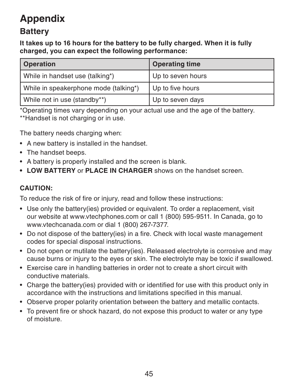 Appendix, Battery | VTech CS6329-5 User Manual | Page 49 / 71