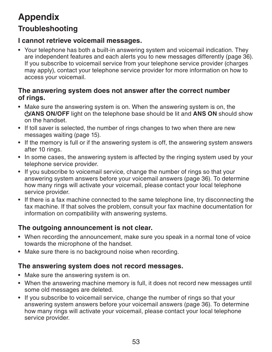 Appendix, Troubleshooting | VTech CS6329-5 User Manual | Page 57 / 71