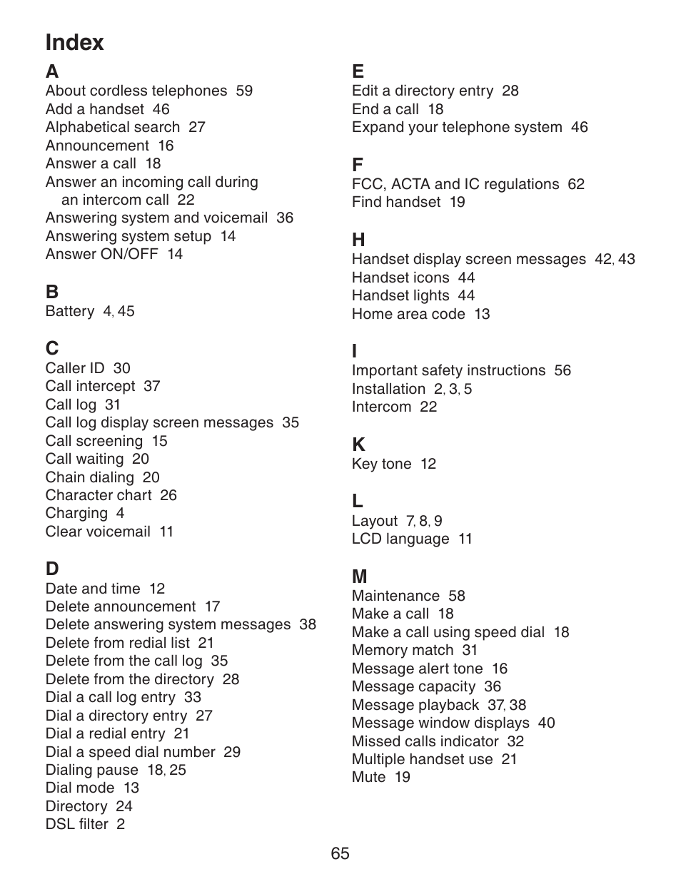 Index | VTech CS6329-5 User Manual | Page 69 / 71