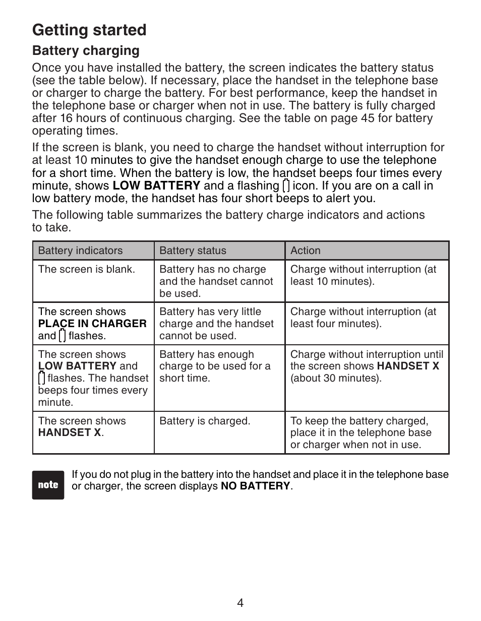 Getting started, Battery charging | VTech CS6329-5 User Manual | Page 8 / 71