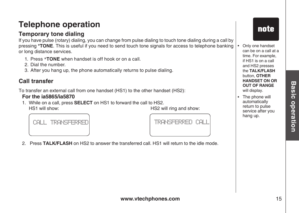 Telephone operation, Bas ic o pe ra tio n | VTech ia5882 User Manual | Page 18 / 61