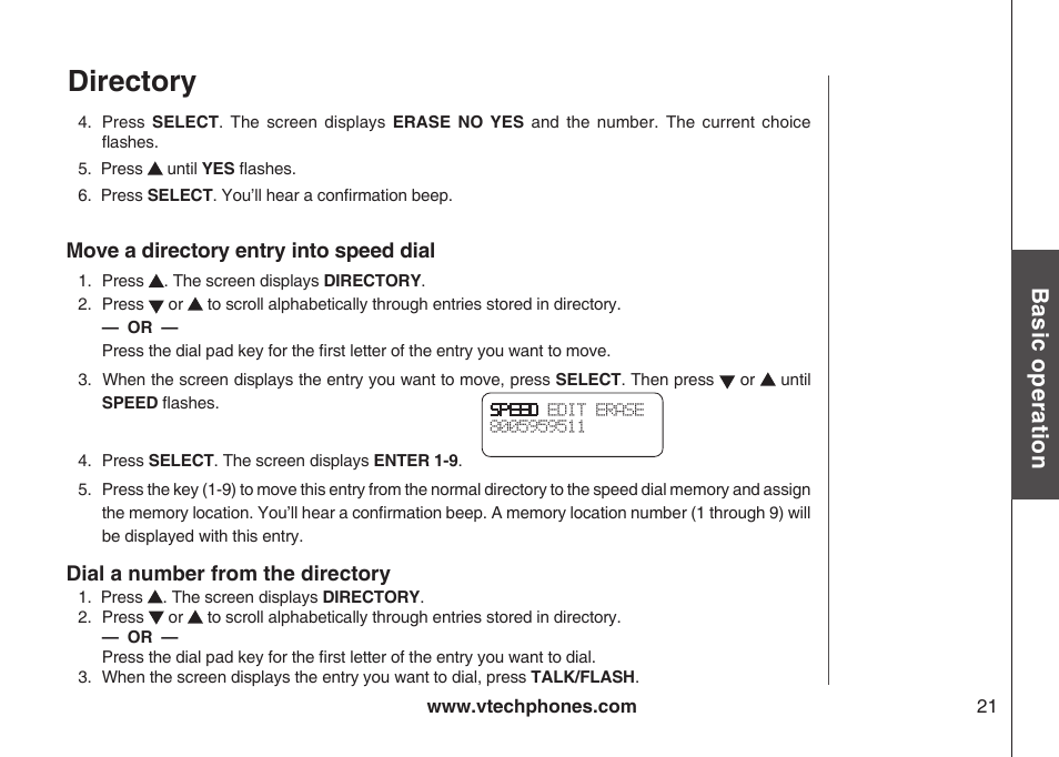 Directory, Bas ic o pe ra tio n | VTech ia5882 User Manual | Page 24 / 61