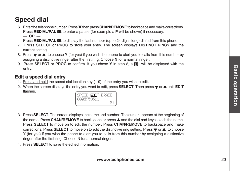 Speed dial, Bas ic o pe ra tio n | VTech ia5882 User Manual | Page 26 / 61