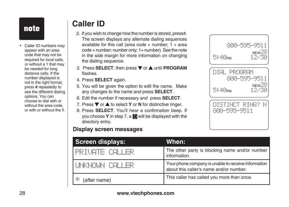 Caller id, Screen displays: when | VTech ia5882 User Manual | Page 31 / 61