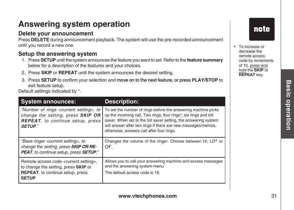 Answering system operation, Bas ic o pe ra tio n | VTech ia5882 User Manual | Page 34 / 61