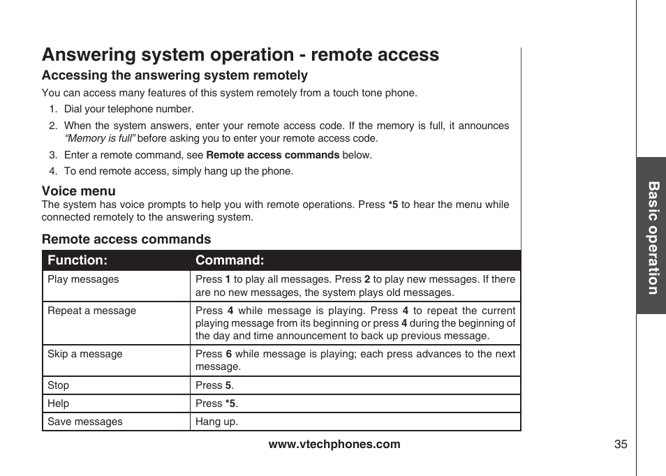 Answering system operation - remote access, Bas ic o pe ra tio n | VTech ia5882 User Manual | Page 38 / 61