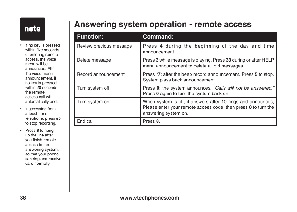 Answering system operation - remote access, Function: command | VTech ia5882 User Manual | Page 39 / 61