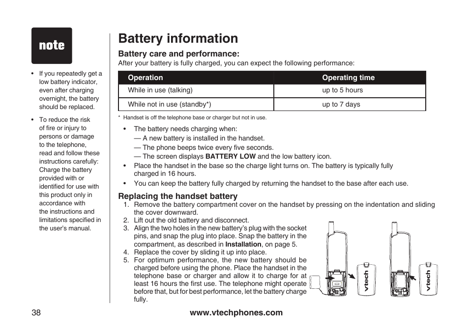 Battery information | VTech ia5882 User Manual | Page 41 / 61