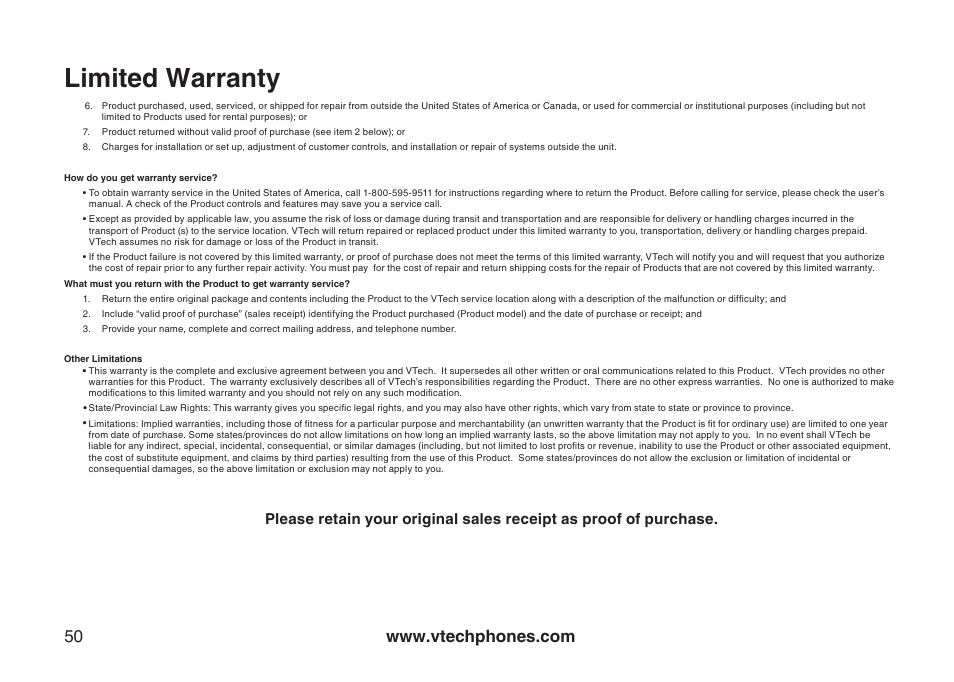 Limited warranty | VTech ia5882 User Manual | Page 53 / 61