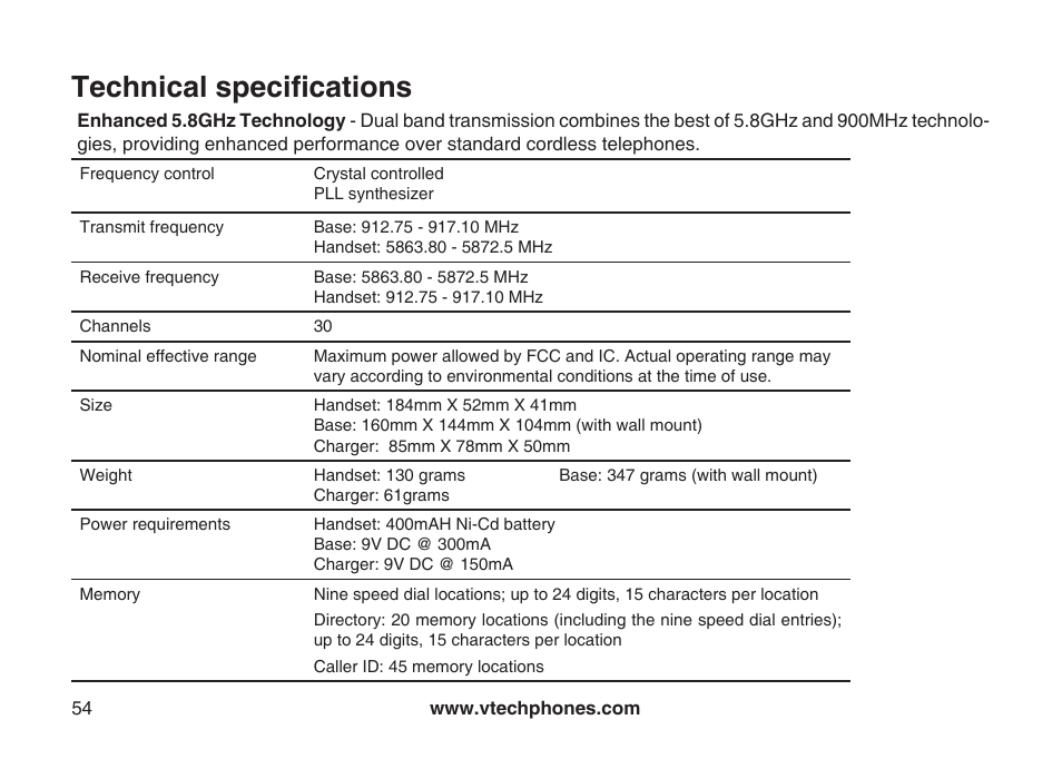 Technical specifications | VTech ia5882 User Manual | Page 57 / 61