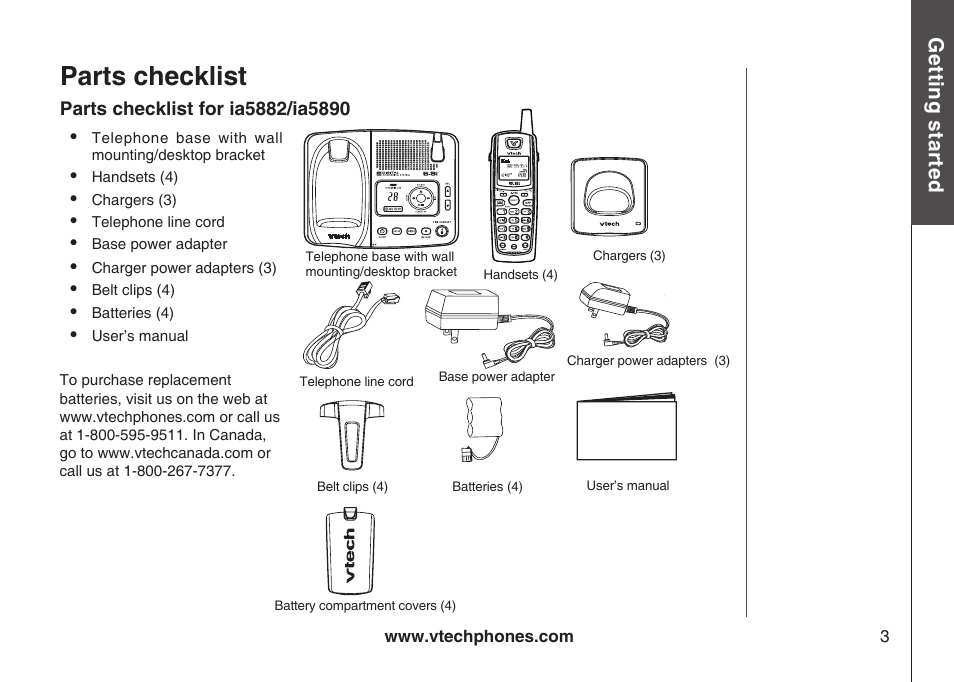 Parts checklist, Gett in g s ta rte d | VTech ia5882 User Manual | Page 6 / 61