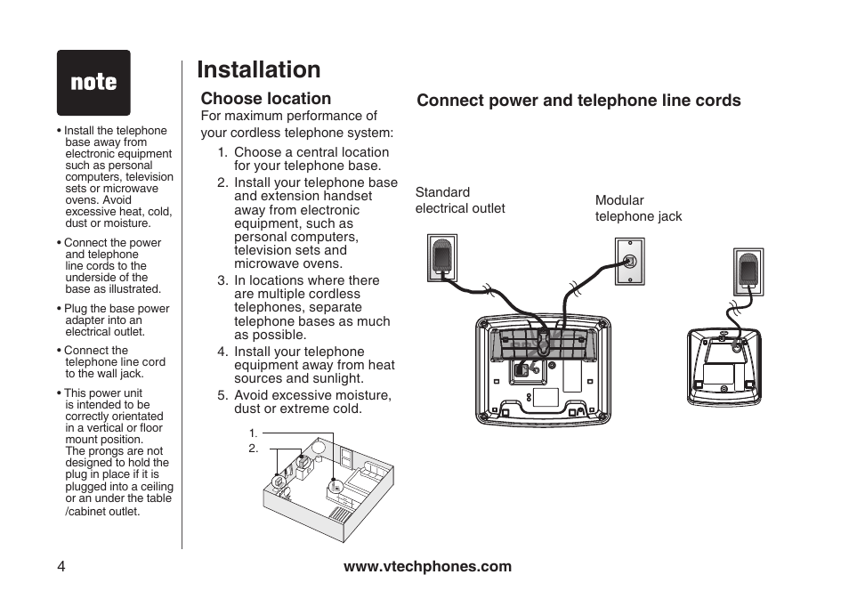 Installation, Connect power and telephone line cords, Choose location | VTech ia5882 User Manual | Page 7 / 61