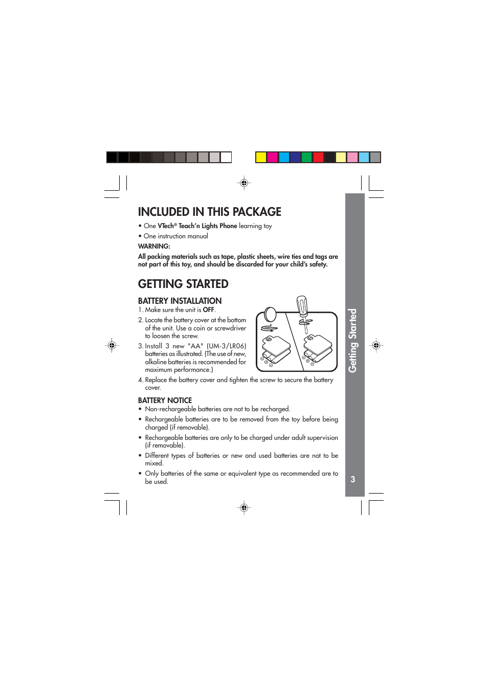Included in this package, Getting started, Getting star ted | VTech Teach in Lights Phone User Manual | Page 4 / 8