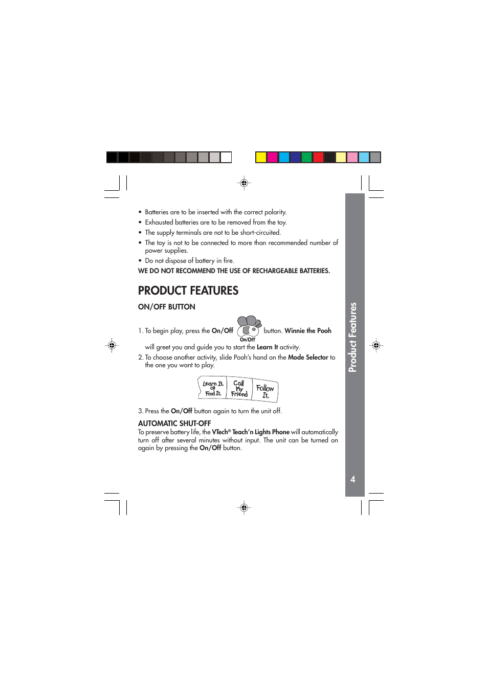 Product features | VTech Teach in Lights Phone User Manual | Page 5 / 8