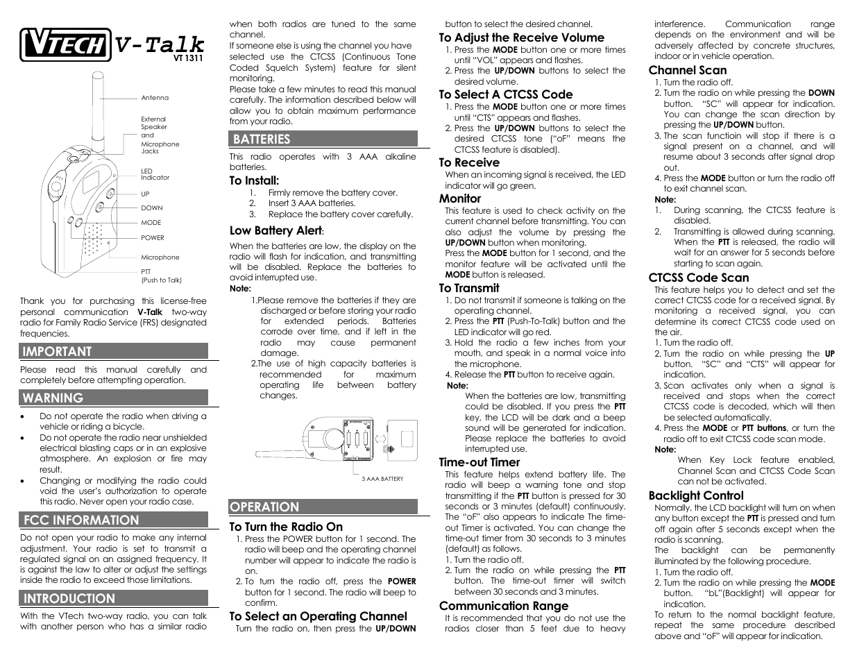 VTech VT 1311 User Manual | 2 pages