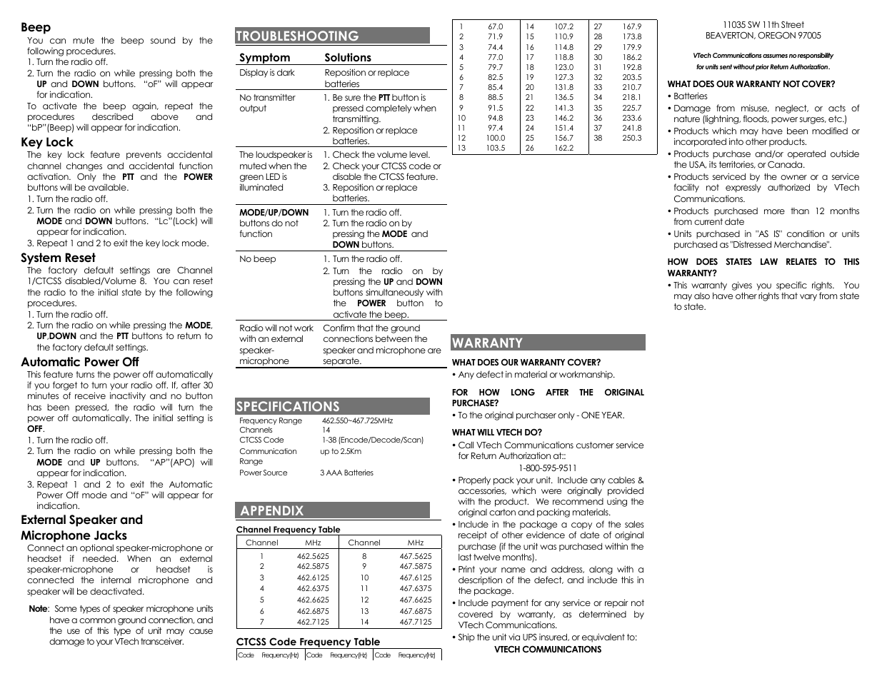 Beep, Key lock, System reset | Automatic power off, External speaker and microphone jacks, Troubleshooting, Symptom, Solutions, No beep, Specifications | VTech VT 1311 User Manual | Page 2 / 2