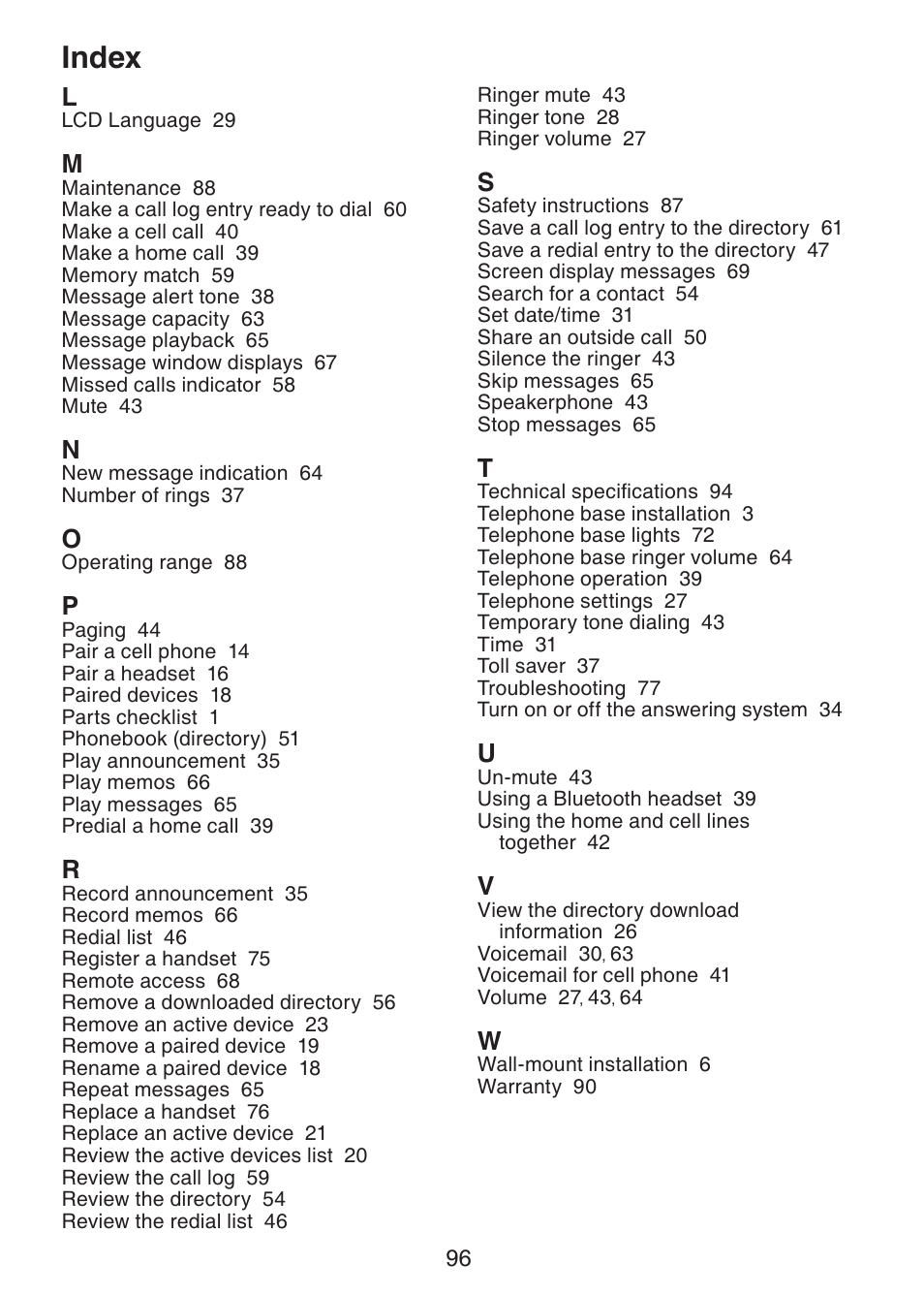 Index | VTech DS6322-4 User Manual | Page 100 / 101