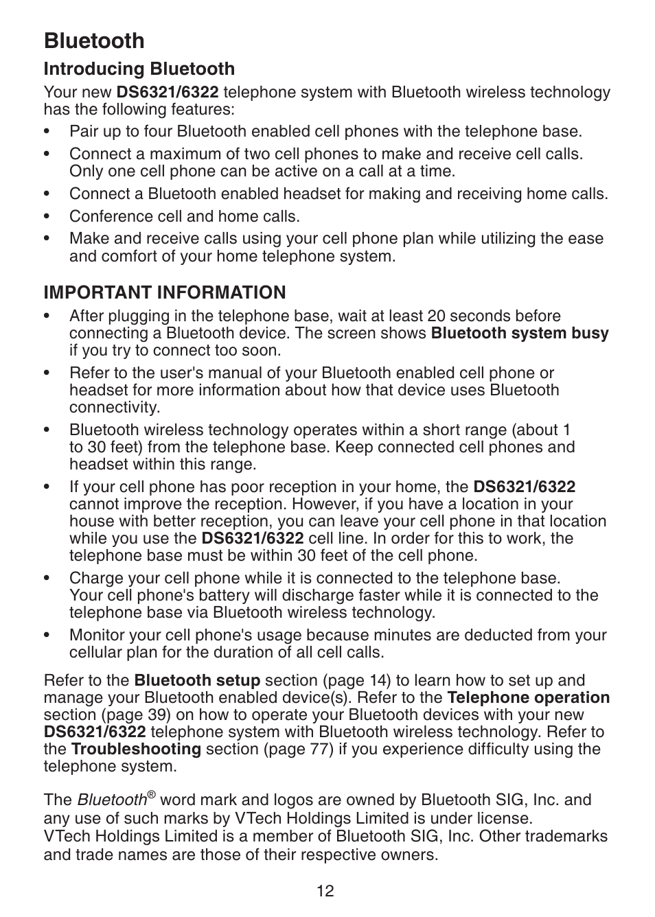 Bluetooth, Introducing bluetooth | VTech DS6322-4 User Manual | Page 16 / 101