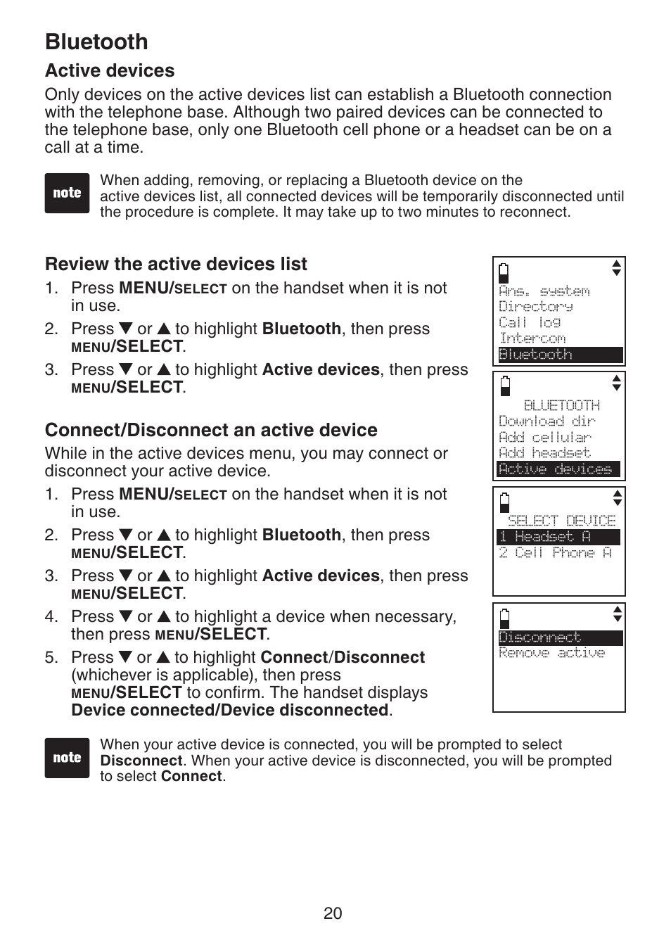 Active devices, Review the active devices list, Connect/disconnect an | Active device, Bluetooth, Connect/disconnect an active device | VTech DS6322-4 User Manual | Page 24 / 101