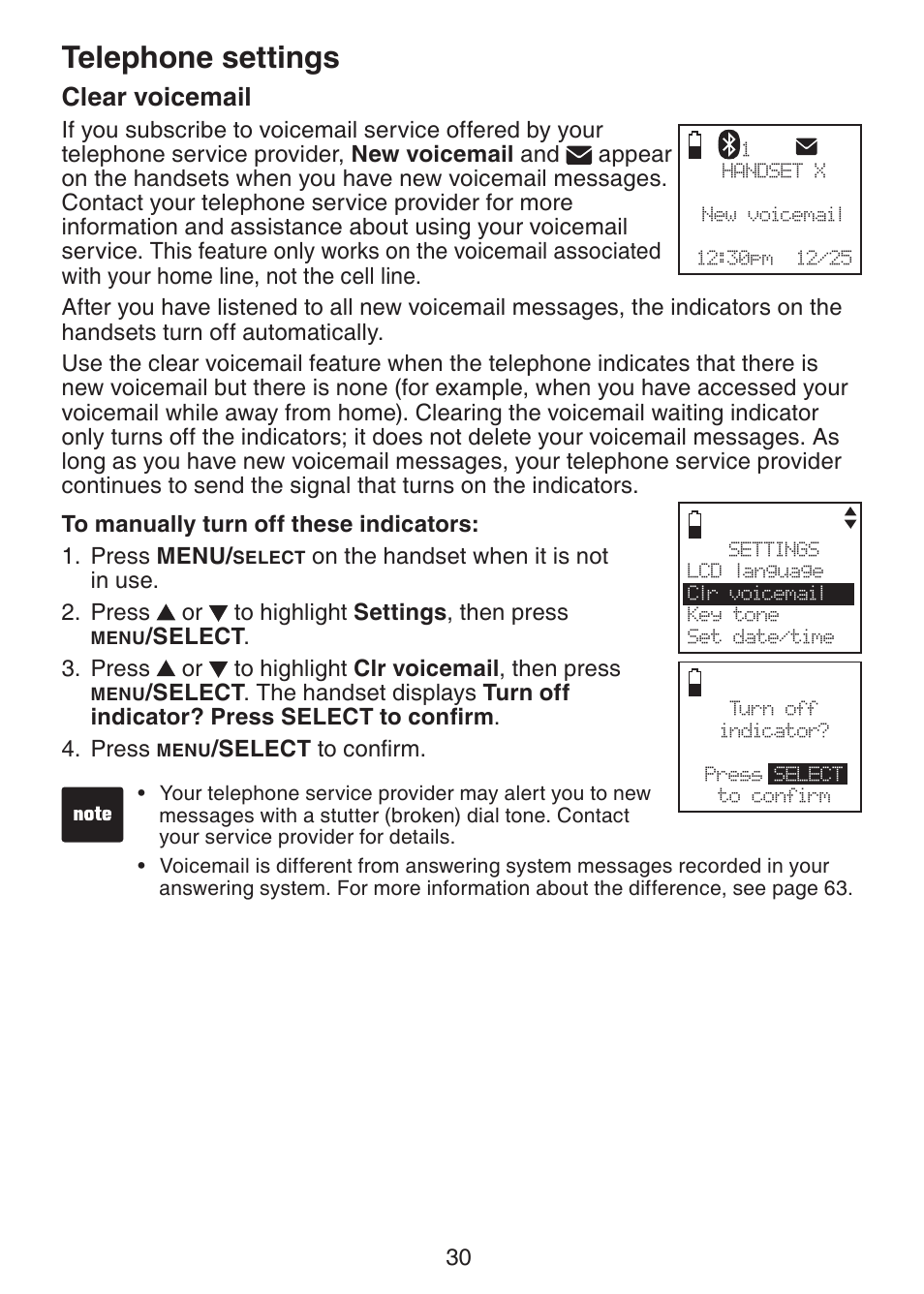 Clear voicemail, Telephone settings | VTech DS6322-4 User Manual | Page 34 / 101