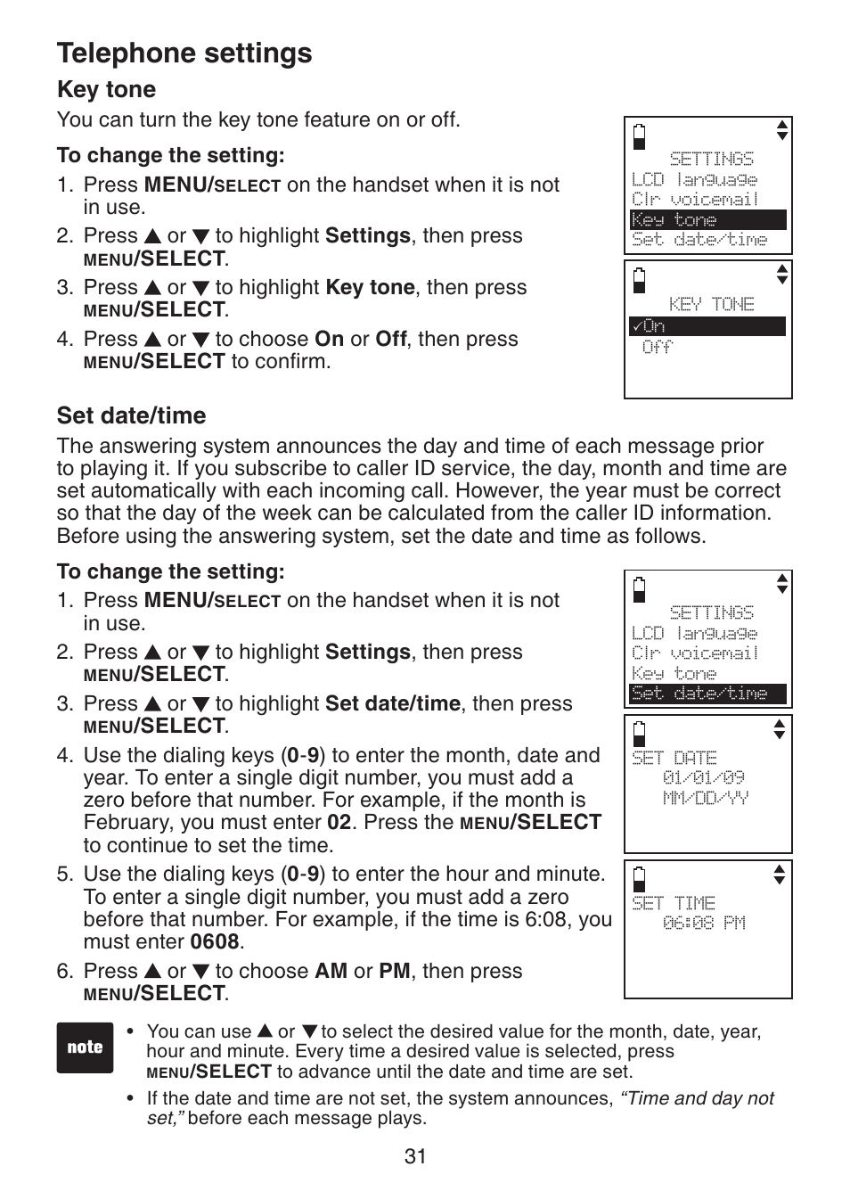 Key tone, Set date/time, Telephone settings | VTech DS6322-4 User Manual | Page 35 / 101