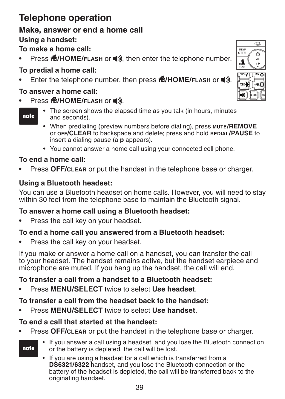 Telephone operation make, answer or end a, Home call, Telephone operation | Make, answer or end a home call | VTech DS6322-4 User Manual | Page 43 / 101