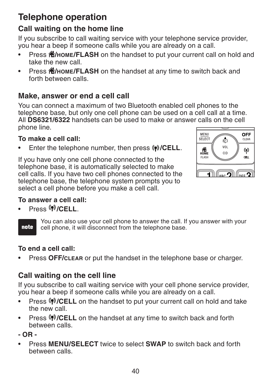 Call waiting on the home line, Make, answer or end a, Cell call | Call waiting on the cell line, Telephone operation | VTech DS6322-4 User Manual | Page 44 / 101