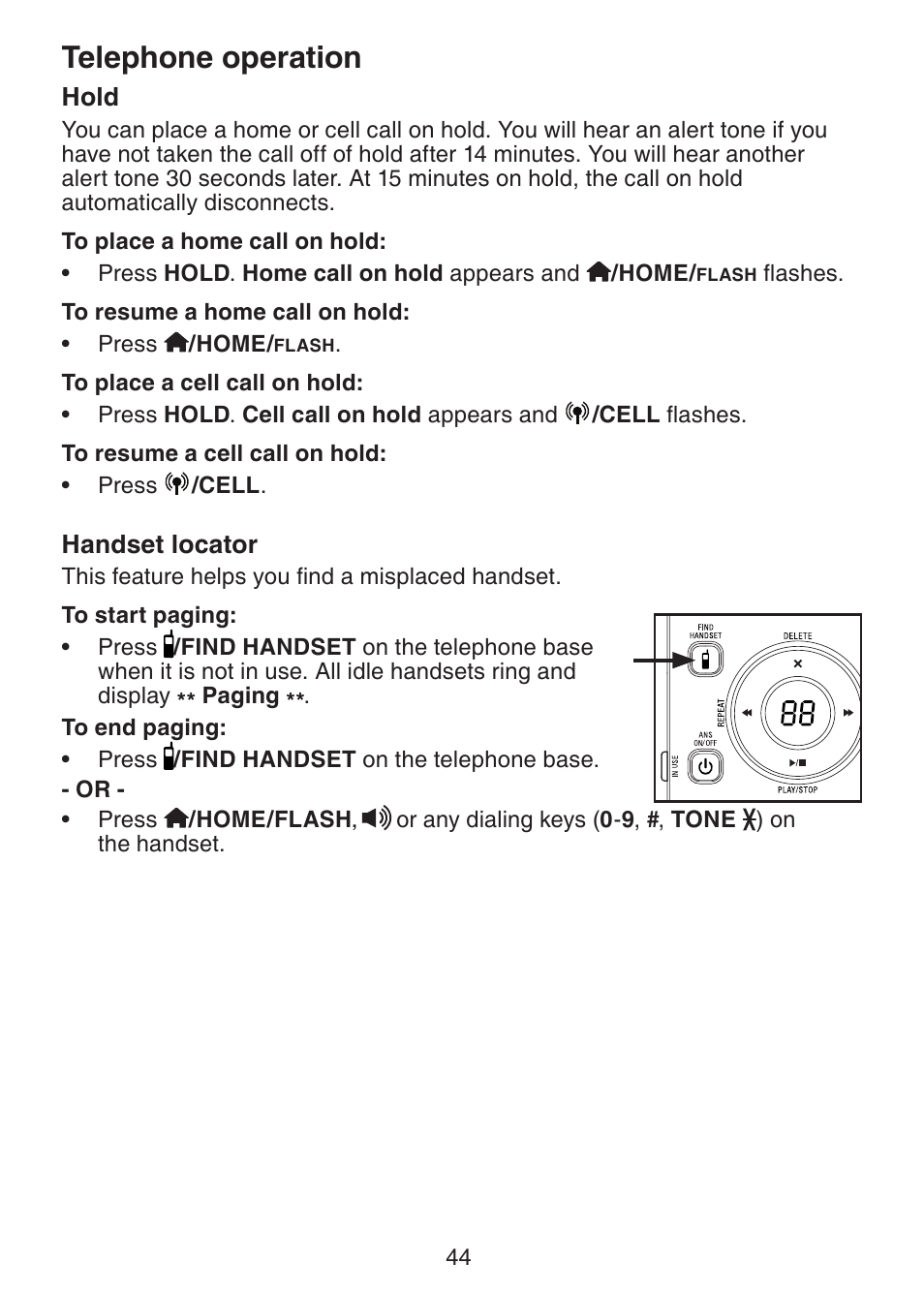 Hold, Handset locator, Telephone operation | VTech DS6322-4 User Manual | Page 48 / 101