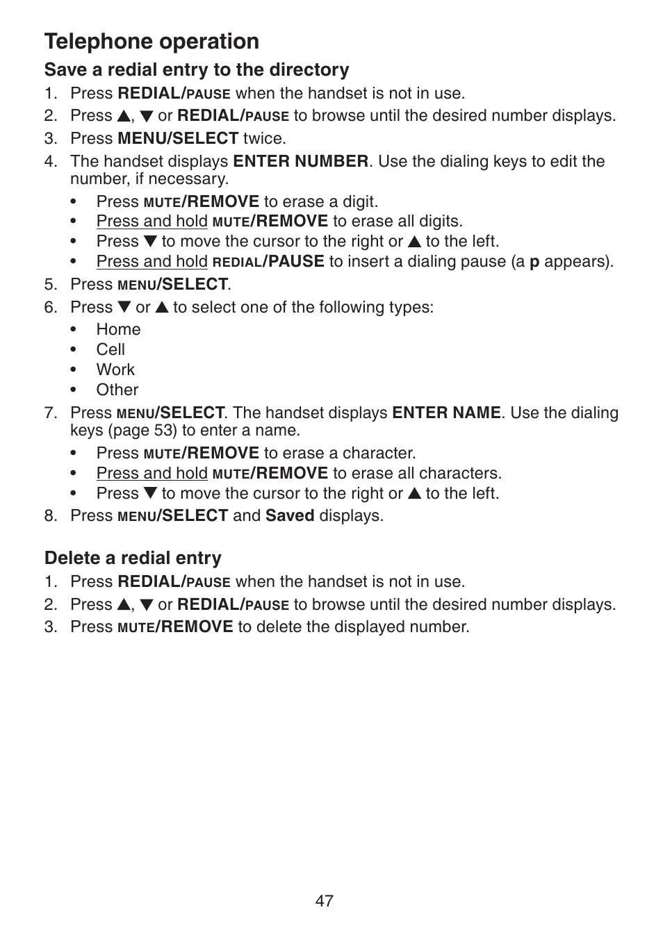 Save a redial entry to, The directory, Delete a redial entry | Telephone operation, Save a redial entry to the directory | VTech DS6322-4 User Manual | Page 51 / 101