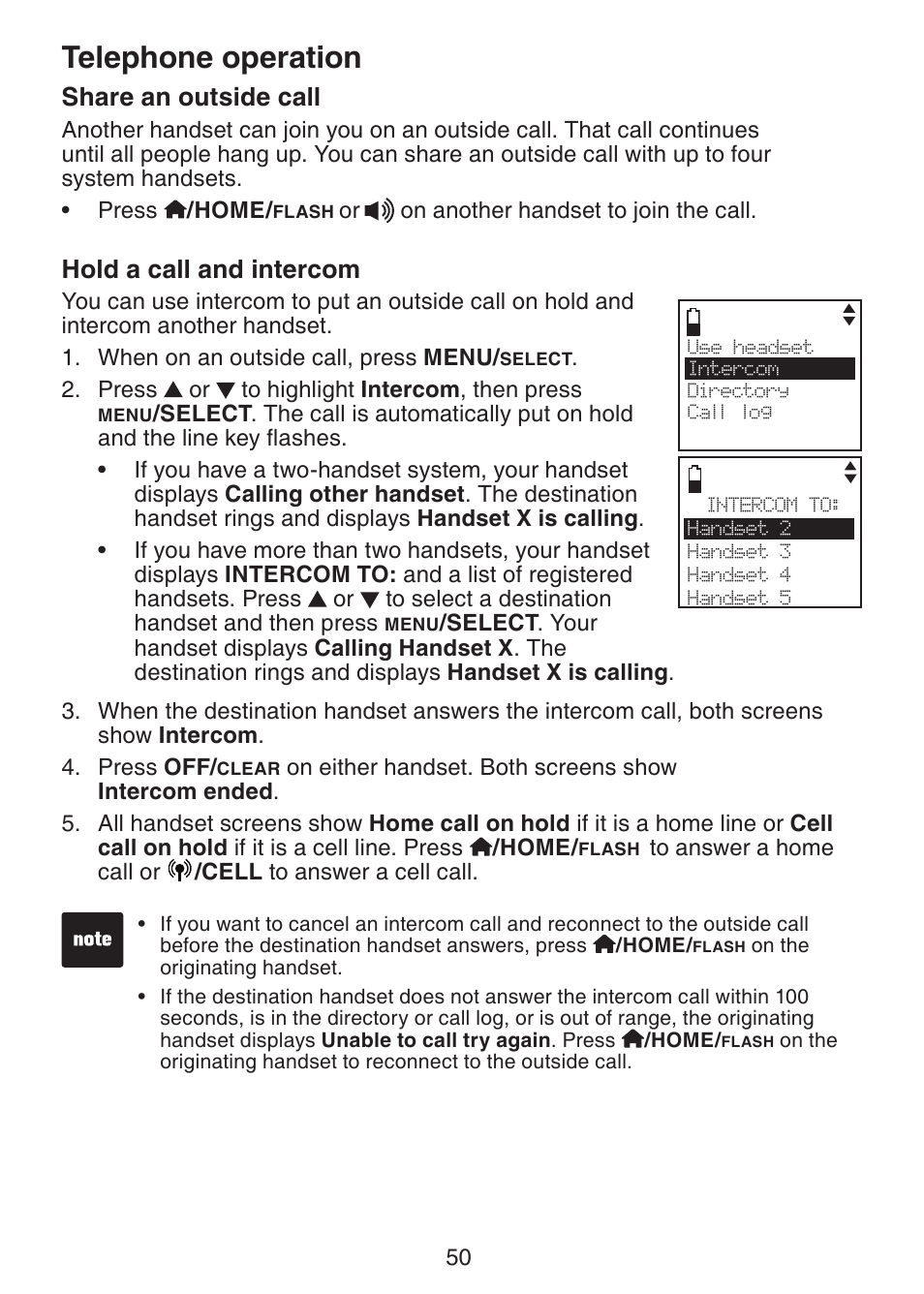 Share an outside call, Hold a call and intercom, Telephone operation | VTech DS6322-4 User Manual | Page 54 / 101