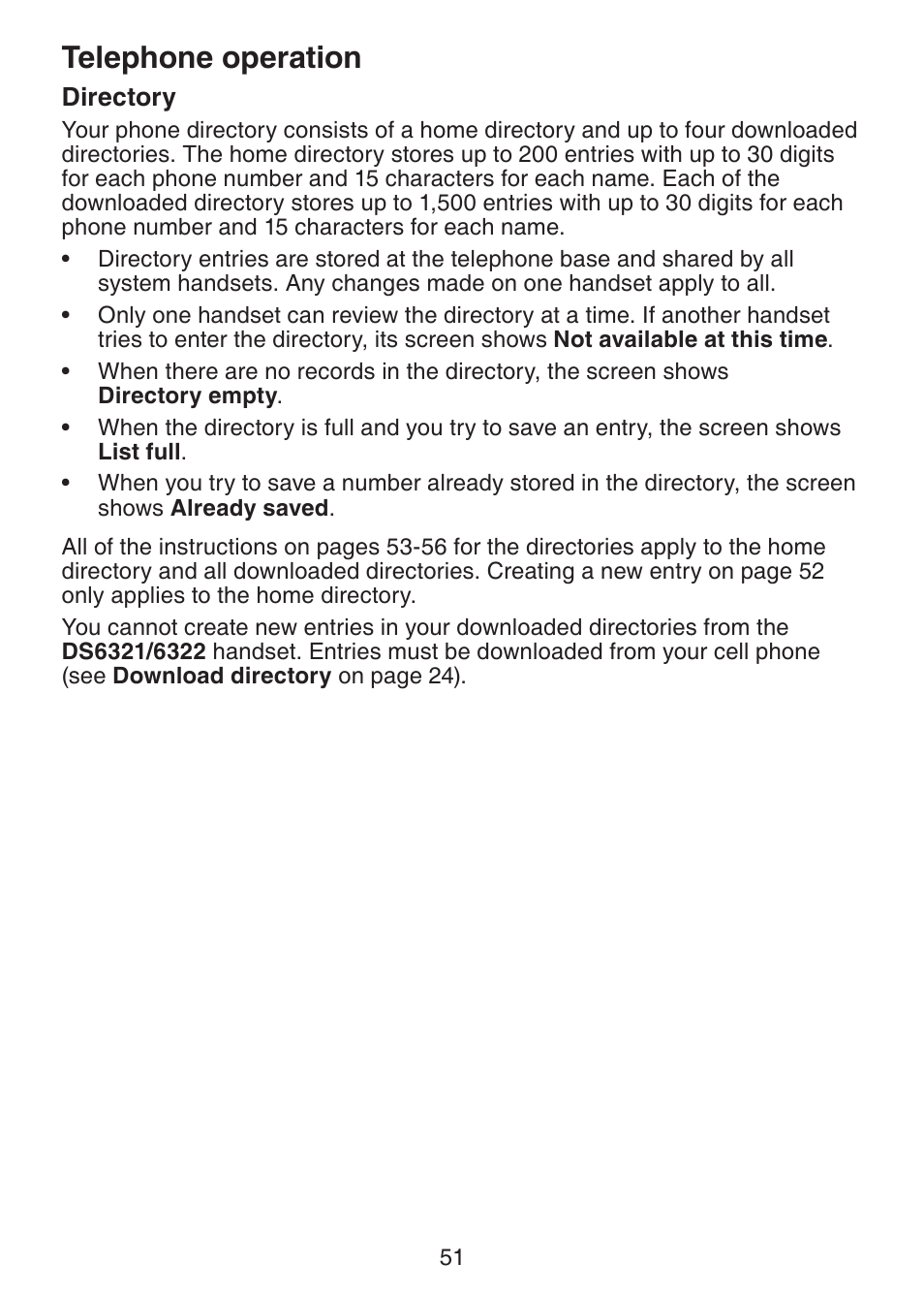 Directory, Telephone operation | VTech DS6322-4 User Manual | Page 55 / 101