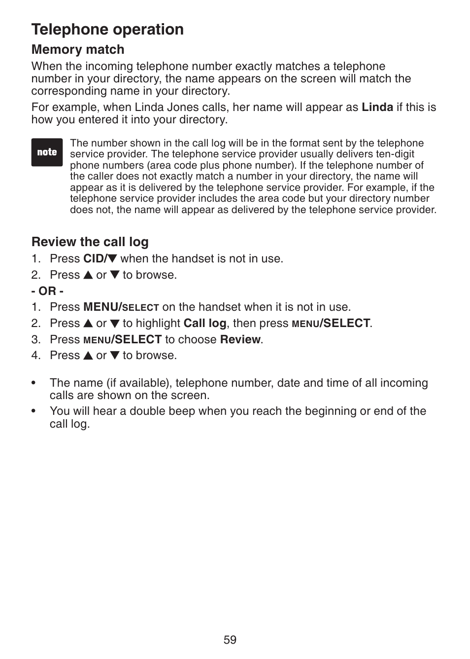 Memory match, Review the call log, Telephone operation | VTech DS6322-4 User Manual | Page 63 / 101