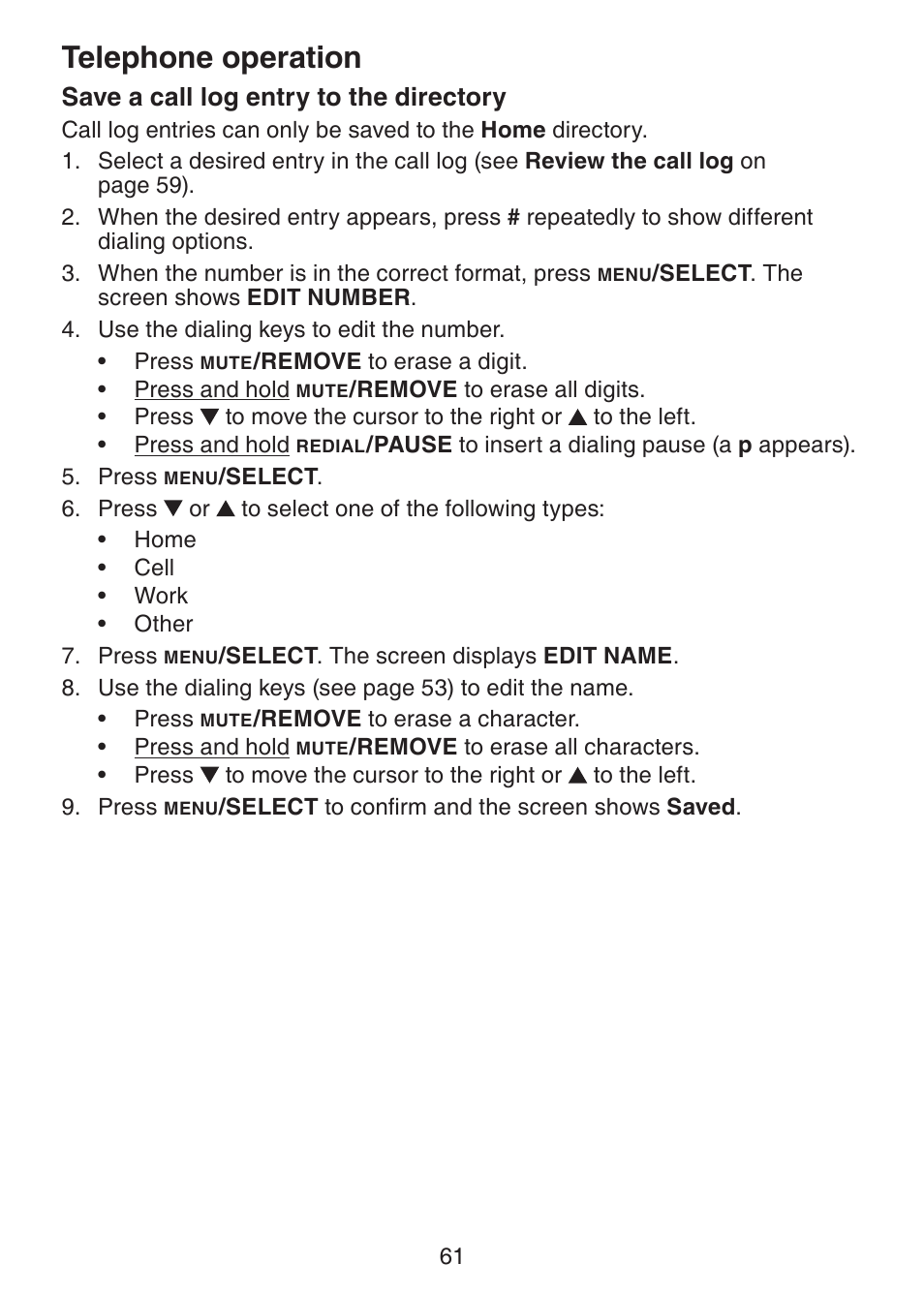 Save a call log entry to, The directory, Telephone operation | Save a call log entry to the directory | VTech DS6322-4 User Manual | Page 65 / 101