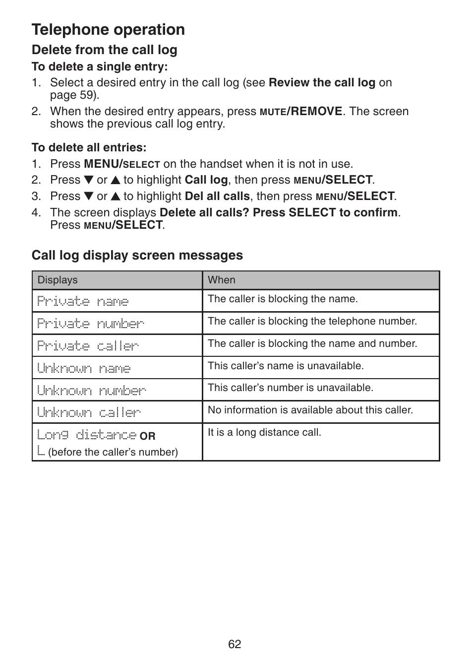 Delete from the call log, Call log display screen, Messages | Telephone operation, Call log display screen messages | VTech DS6322-4 User Manual | Page 66 / 101