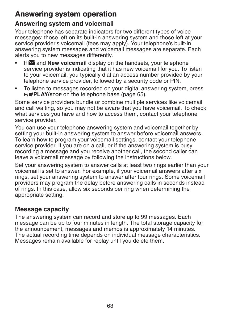 Answering system operation answering system and, Voicemail, Message capacity | Answering system operation | VTech DS6322-4 User Manual | Page 67 / 101