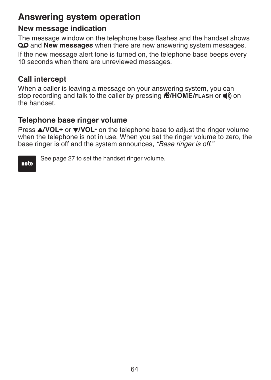 New message indication, Call intercept, Telephone base ringer volume | Answering system operation | VTech DS6322-4 User Manual | Page 68 / 101