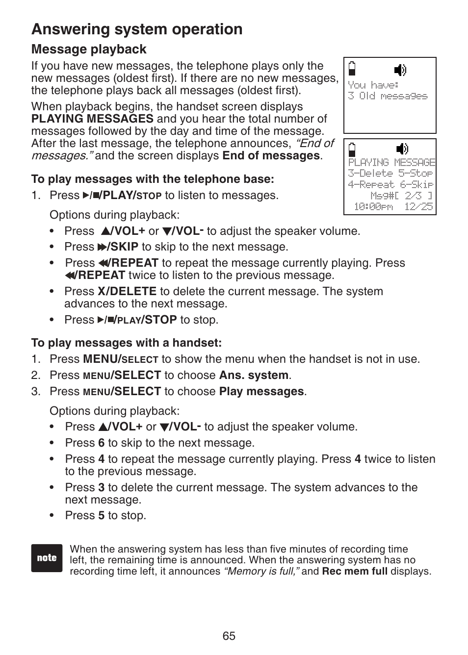 Message playback, Answering system operation | VTech DS6322-4 User Manual | Page 69 / 101