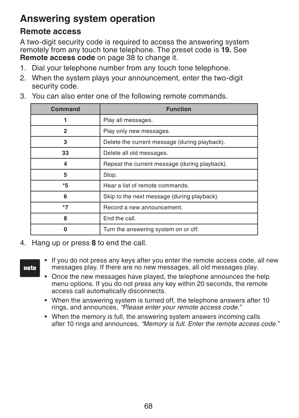 Remote access, Answering system operation | VTech DS6322-4 User Manual | Page 72 / 101