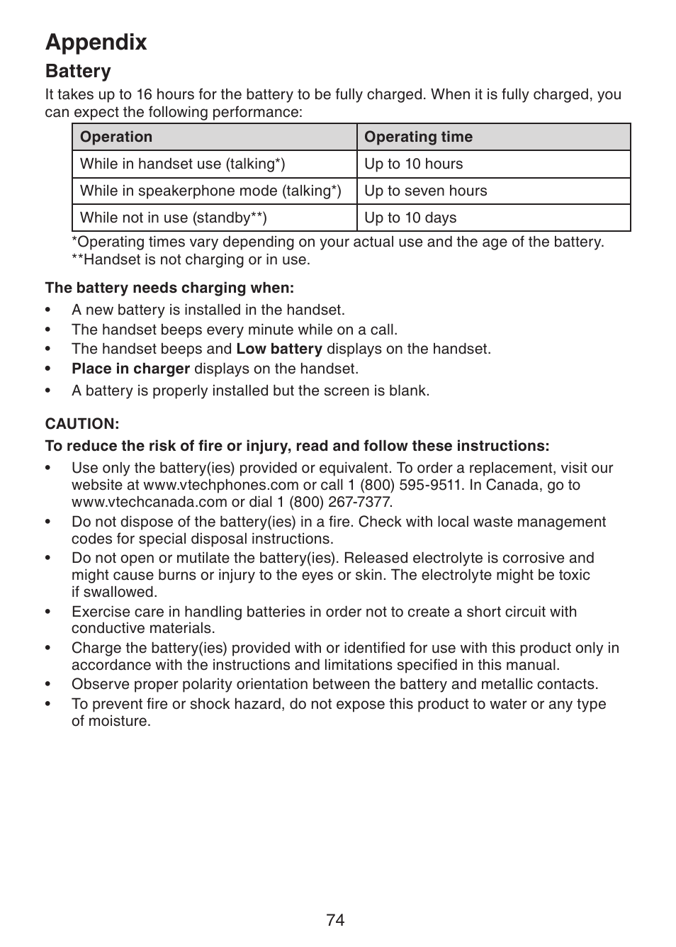 Battery, Appendix | VTech DS6322-4 User Manual | Page 78 / 101