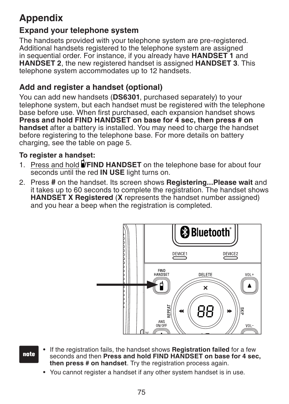 Expand your telephone system, Add and register a handset, Appendix | VTech DS6322-4 User Manual | Page 79 / 101